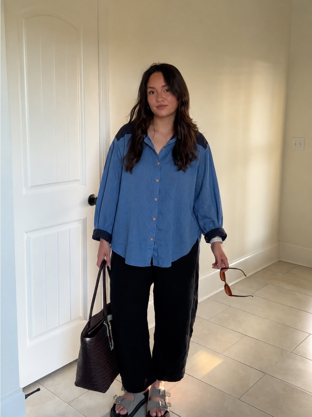 Cooka Blue Button-Front Shirt linen with Dark Navy Accents